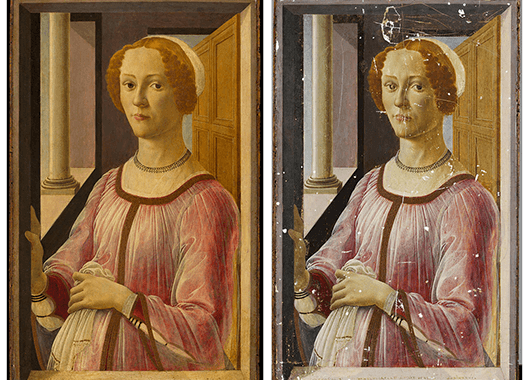 Botticelli's "Portrait of a Lady, Known as Smeralda Bandinelli," after and before restoration (Source: Victoria and Albert Museum)
