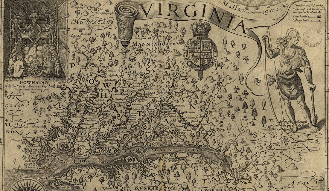 John Smith's map of the Chesapeake Bay and its tributaries (1624 copy), with details of numerous villages within the Powhatan Confederacy (Source: Wikipedia)