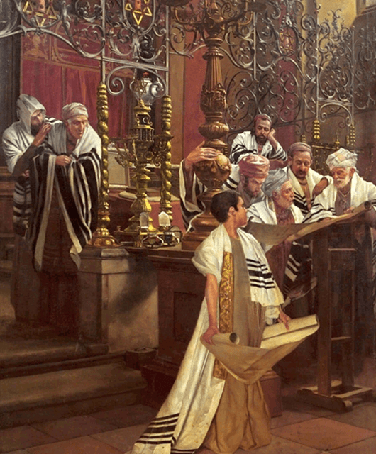 1929 oil painting by Oscar Rex titled "Bar Mitzvah in a Synagogue" (Source: Wikipedia)