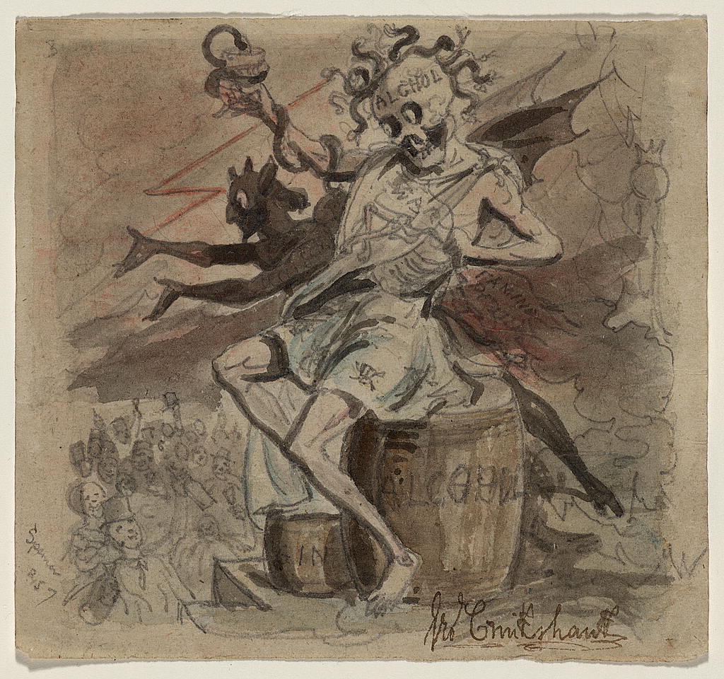 c. 1830-1840 drawing titled "Alcohol, Death, and the Devil" by George Cruikshank (Source: Library of Congress)