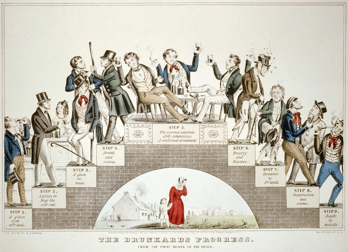 The Drunkard's Progress, c. 1846 lithography by Nathaniel Currier (Source: Library of Congress/Wikimedia Commons)