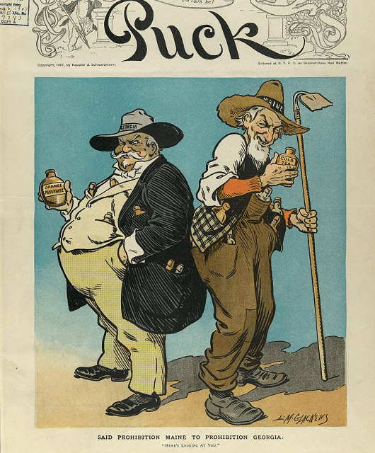 1907 cartoon by L.M. Glackens from Puck Magazine titled "Said prohibition Maine to prohibition Georgia: Here's looking at you" (Source: Library of Congress)