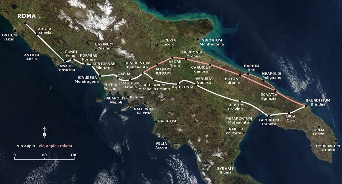 Via Appia route (in white) (Source: Wikimedia Commons)