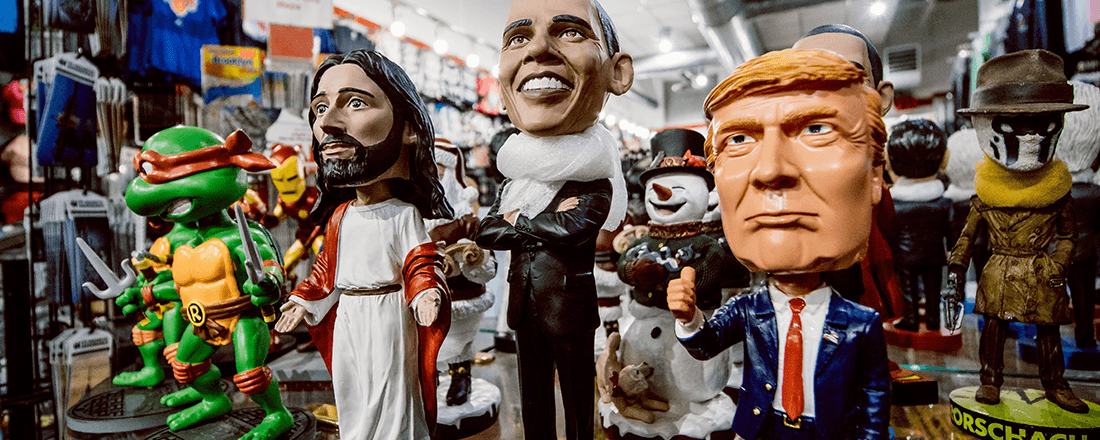 Bobbleheads of Jesus, Obama, and Trump