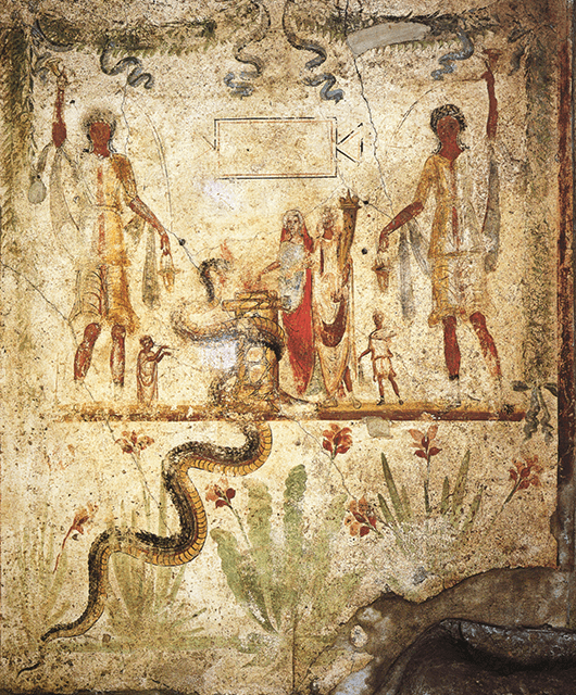 Agathos Daemon as represented by the snake in this fresco in Pompeii (Source: Wikipedia)
