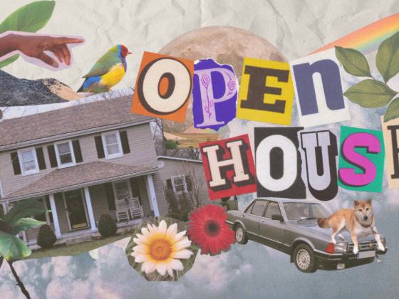 Collage of house, car, dog, plants, flowers, moon, rainbow, hand, bird, and letters that spell out "Open House."